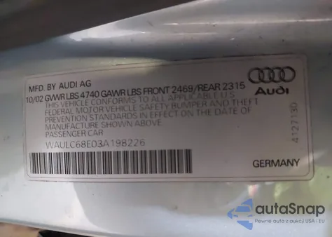 2003 Audi A4 1.8T из США, поврежденный, VIN WAULC68E03A198226